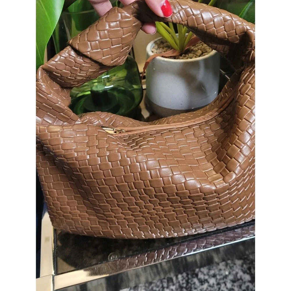 MOTF Premium Vegan Leather Textured Bagette HandBag - Brown Purse - Bow Detail
